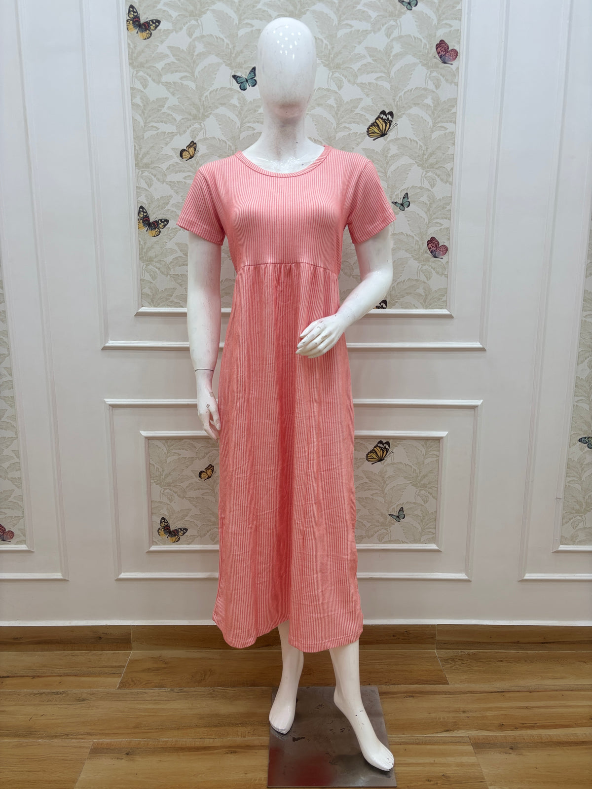 Coral Red Pin Stripe Short Sleeve Lounge Frock