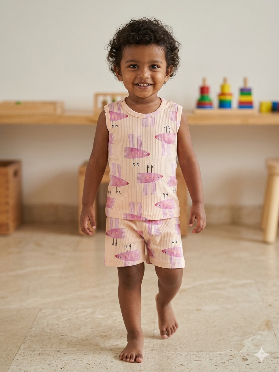 Peach Bird Print Sleeveless Kids Co-ords
