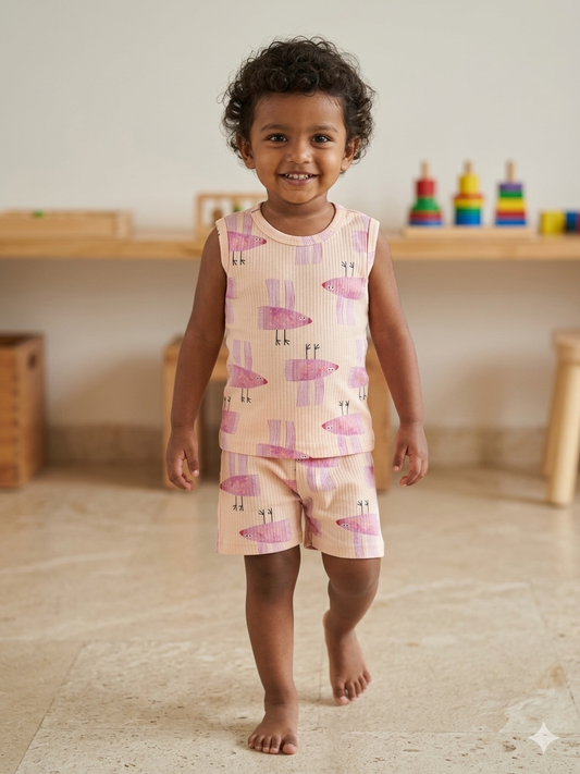 Peach Bird Print Sleeveless Kids Co-ords