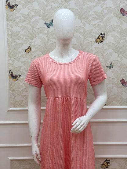 Coral Red Pin Stripe Short Sleeve Lounge Frock