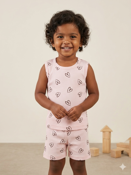 Baby Pink Heart Print Sleeveless Kids Co-ords
