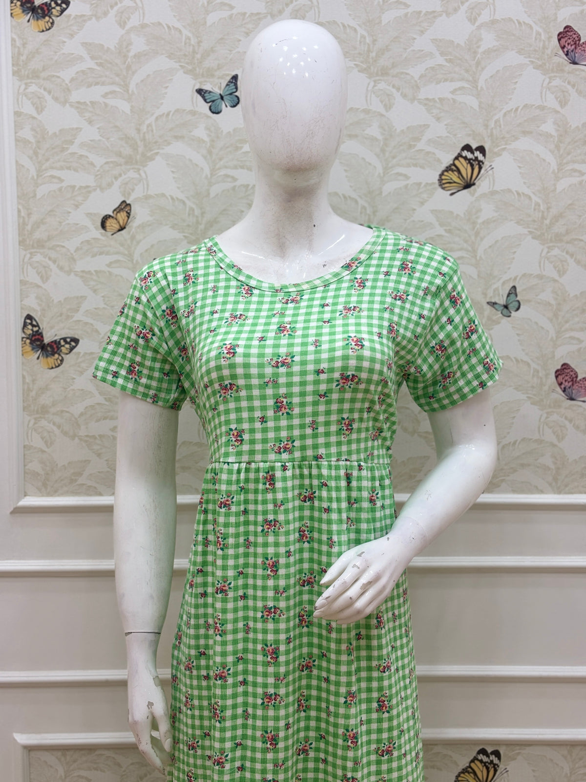 Green Floral Rose Print Short Sleeve Lounge Frock