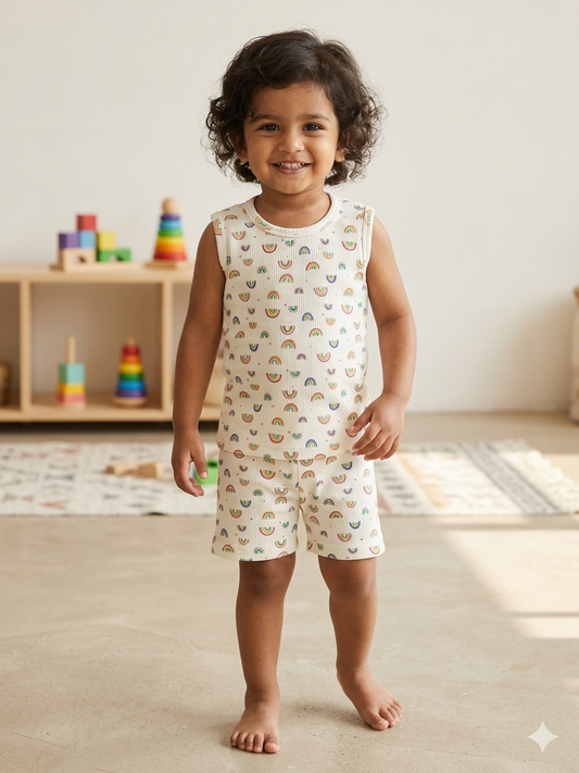 Cream Rainbow Print Sleeveless Kids Co-ords