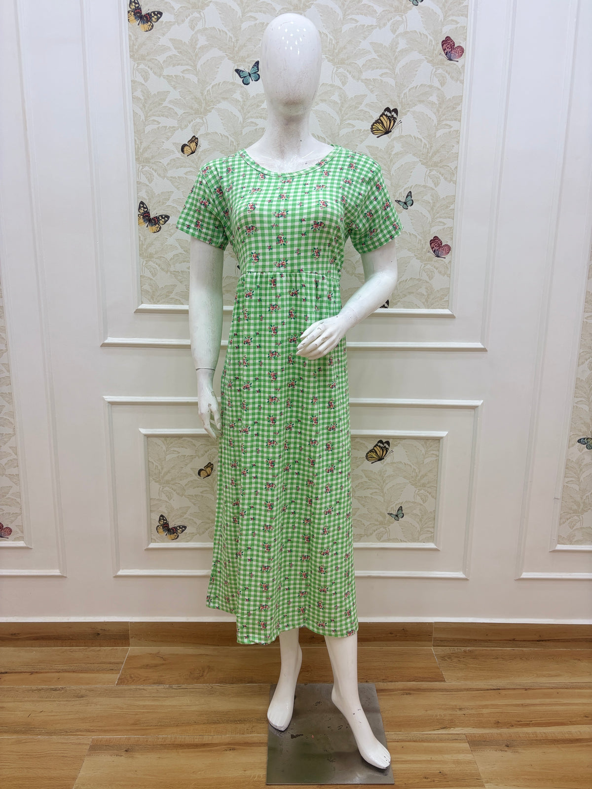 Green Floral Rose Print Short Sleeve Lounge Frock