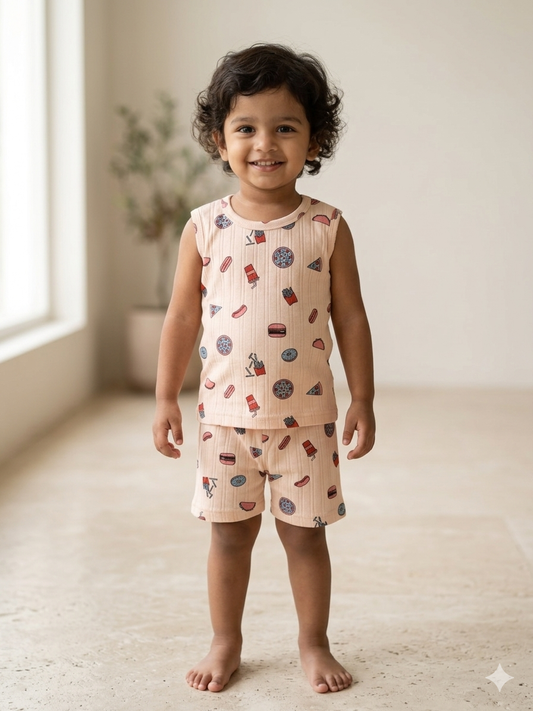 Peach Food Print Sleeveless Kids Co-ords