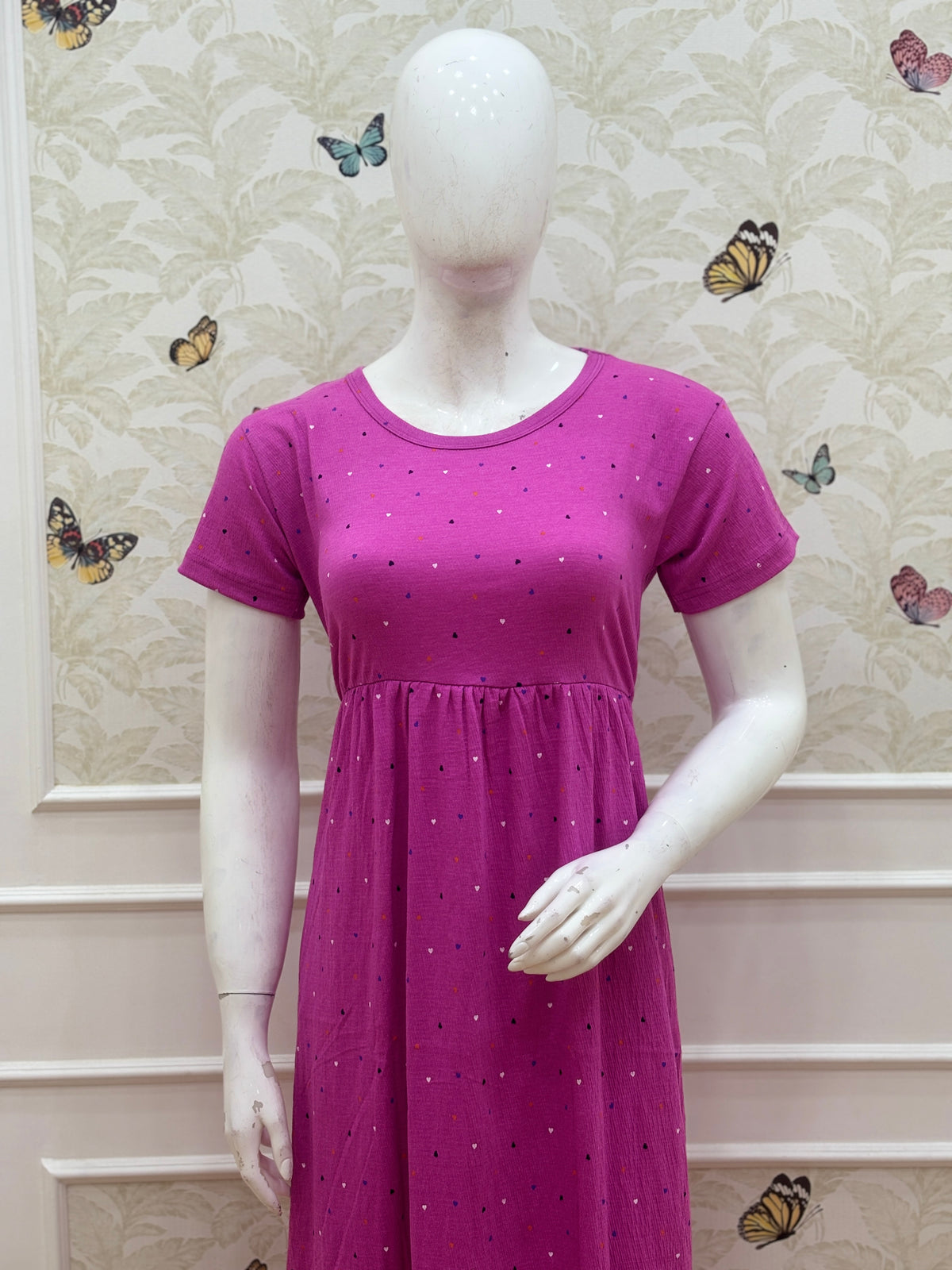 Magenta Confetti Dot Print Short Sleeve Lounge Frock