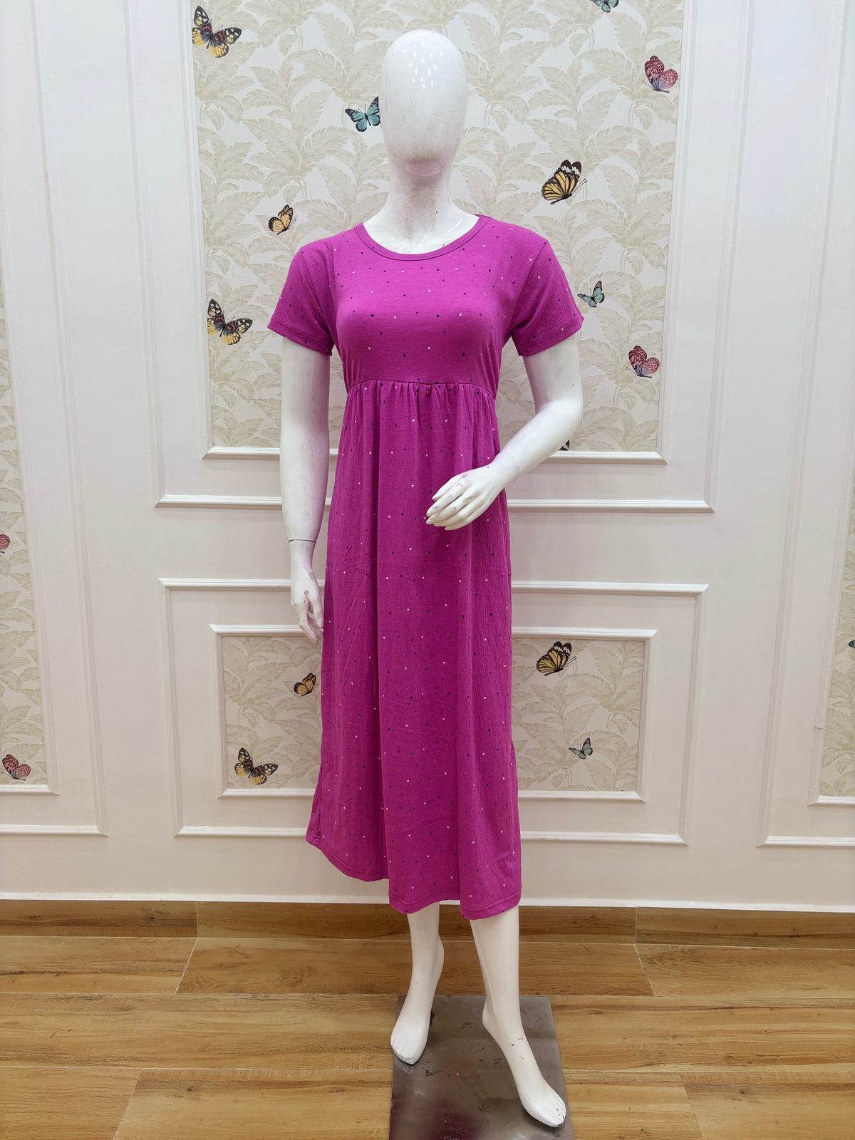 Magenta Confetti Dot Print Short Sleeve Lounge Frock