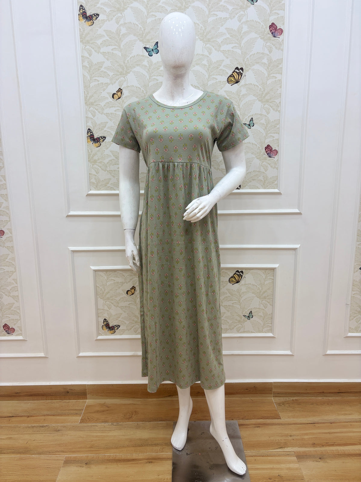 Sage Green Floral Buti Print Short Sleeve Lounge Frock
