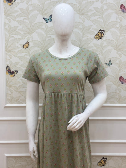 Sage Green Floral Buti Print Short Sleeve Lounge Frock