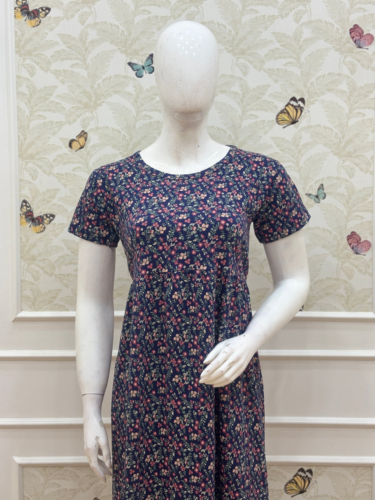 Navy Blue Ditsy Floral Print Short Sleeve Lounge Frock