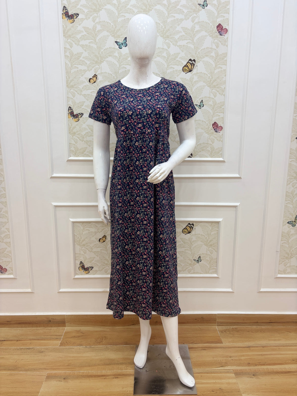 Navy Blue Ditsy Floral Print Short Sleeve Lounge Frock