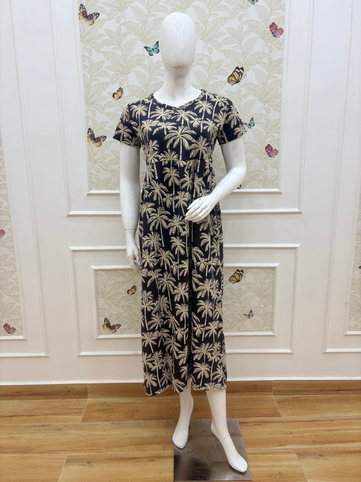 Black Palm Tree Print Short Sleeve Lounge Frock