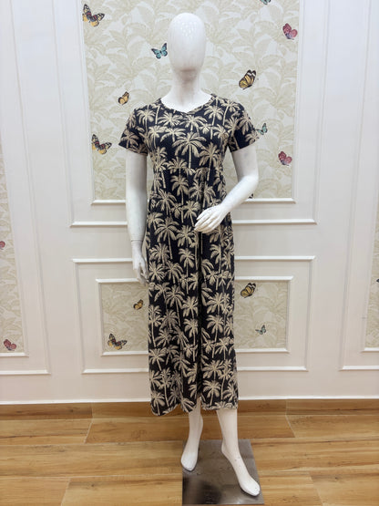 Black Palm Tree Print Short Sleeve Lounge Frock