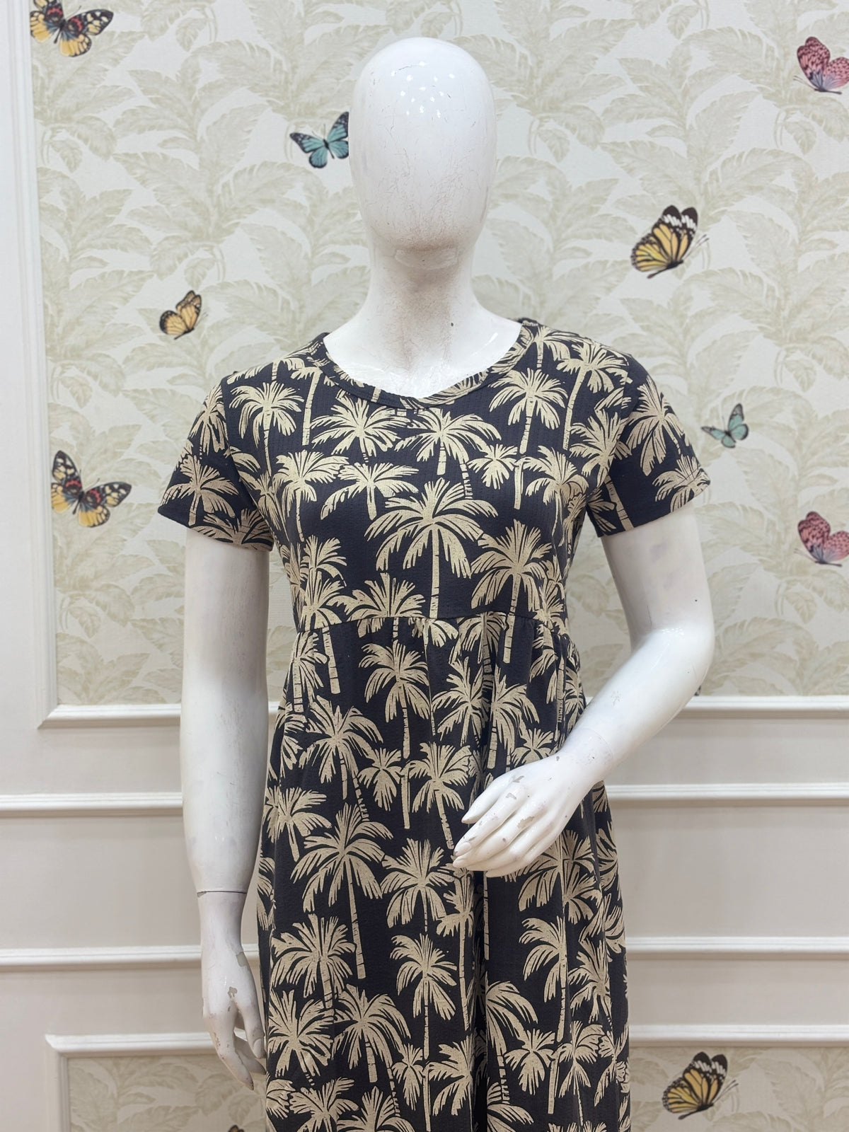 Black Palm Tree Print Short Sleeve Lounge Frock