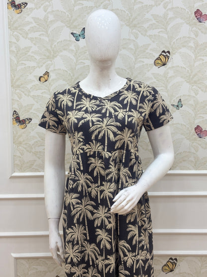 Black Palm Tree Print Short Sleeve Lounge Frock