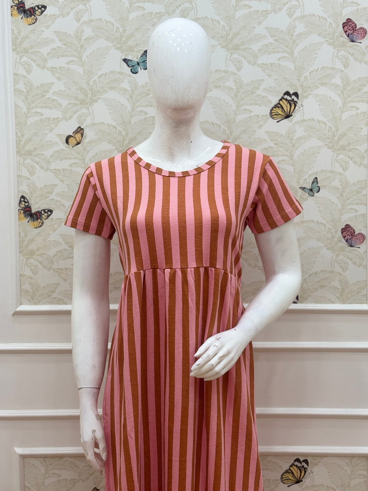 Rust & Pink Vertical Stripe Short Sleeve Lounge Frock