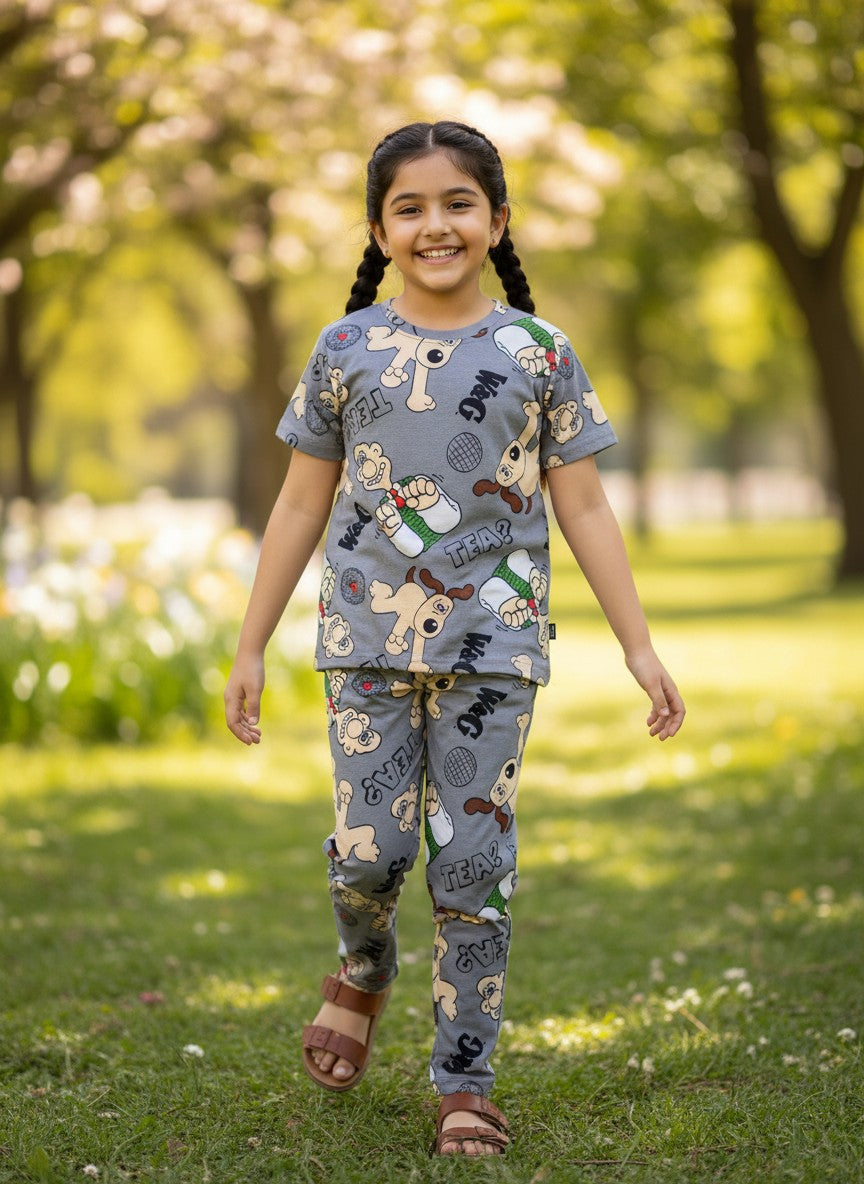 Grey Cartoon Dog Print T-Shirt and Pant Co-ords