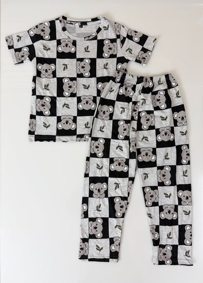 Black & White Koala Check Print T-Shirt and Pant Co-ords