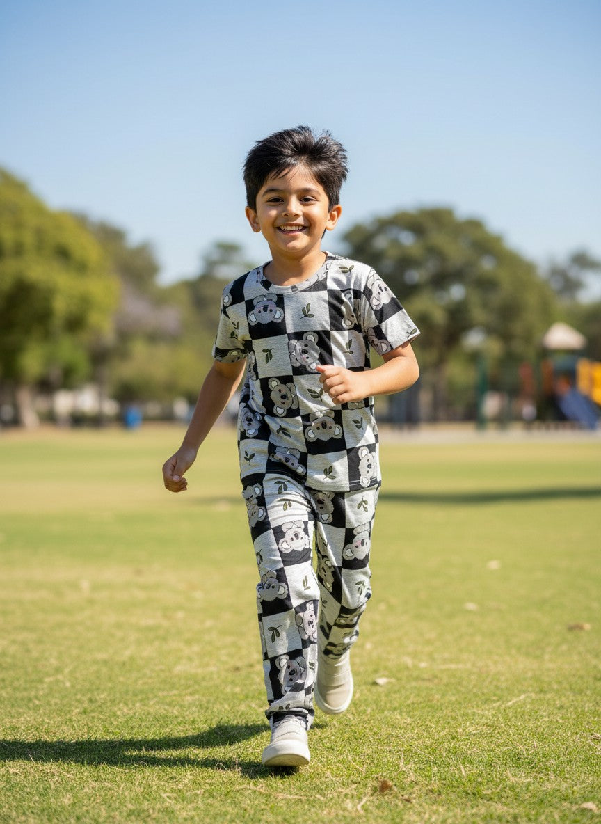 Black & White Koala Check Print T-Shirt and Pant Co-ords