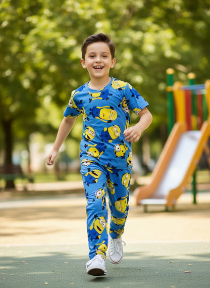 Blue Cartoon Minion Print T-Shirt and Pant Co-ords