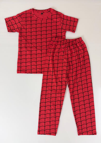 Red Spider Web Print T-Shirt and Pant Co-ords