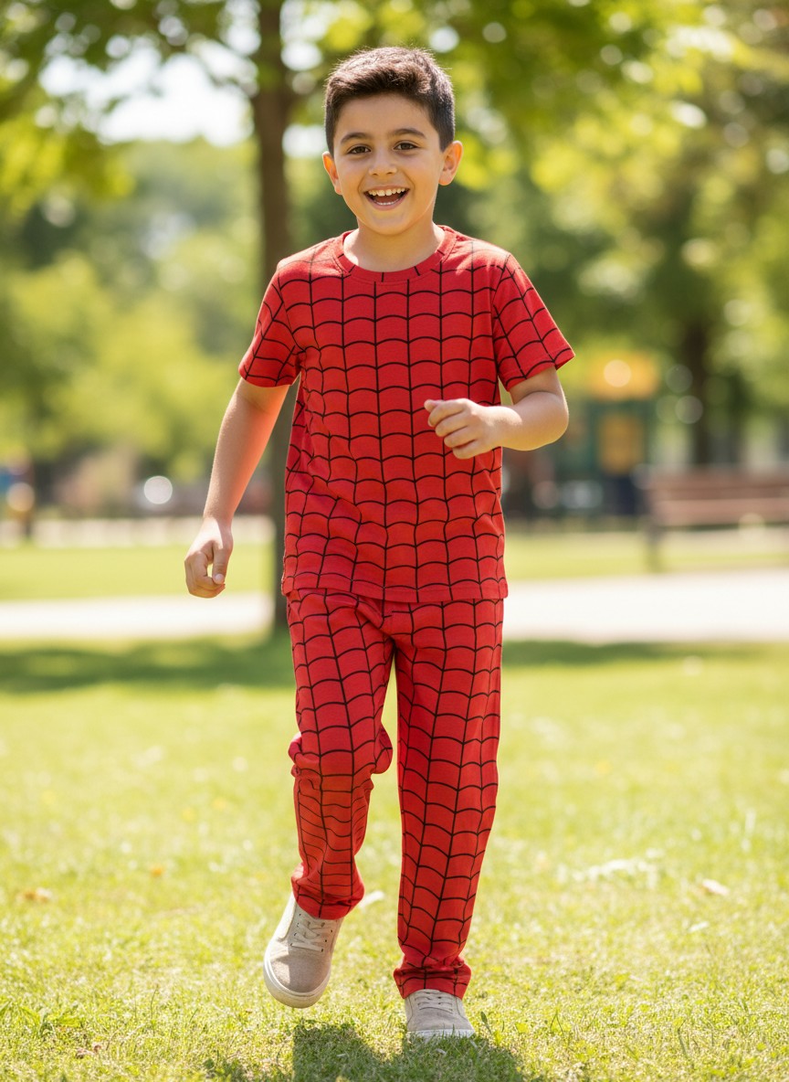 Red Spider Web Print T-Shirt and Pant Co-ords