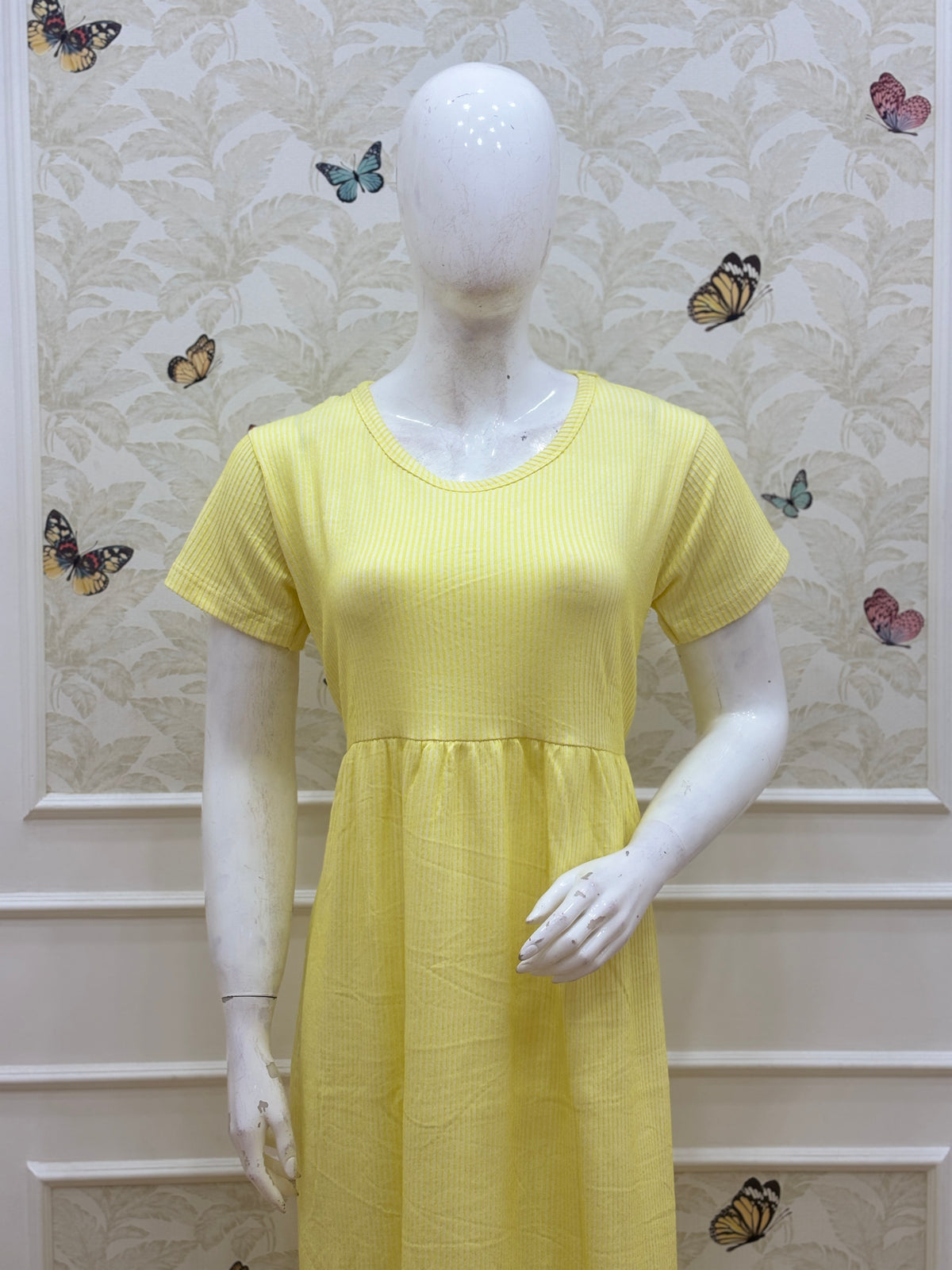 Lemon Yellow Ribbed Knit Short Sleeve Lounge Frock