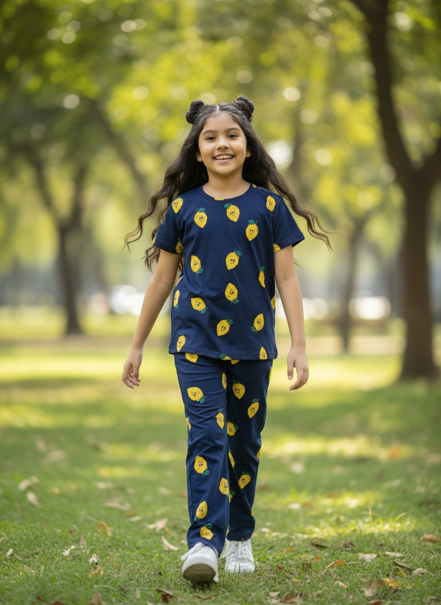 Navy Lemon Print T-Shirt and Pant Co-ords