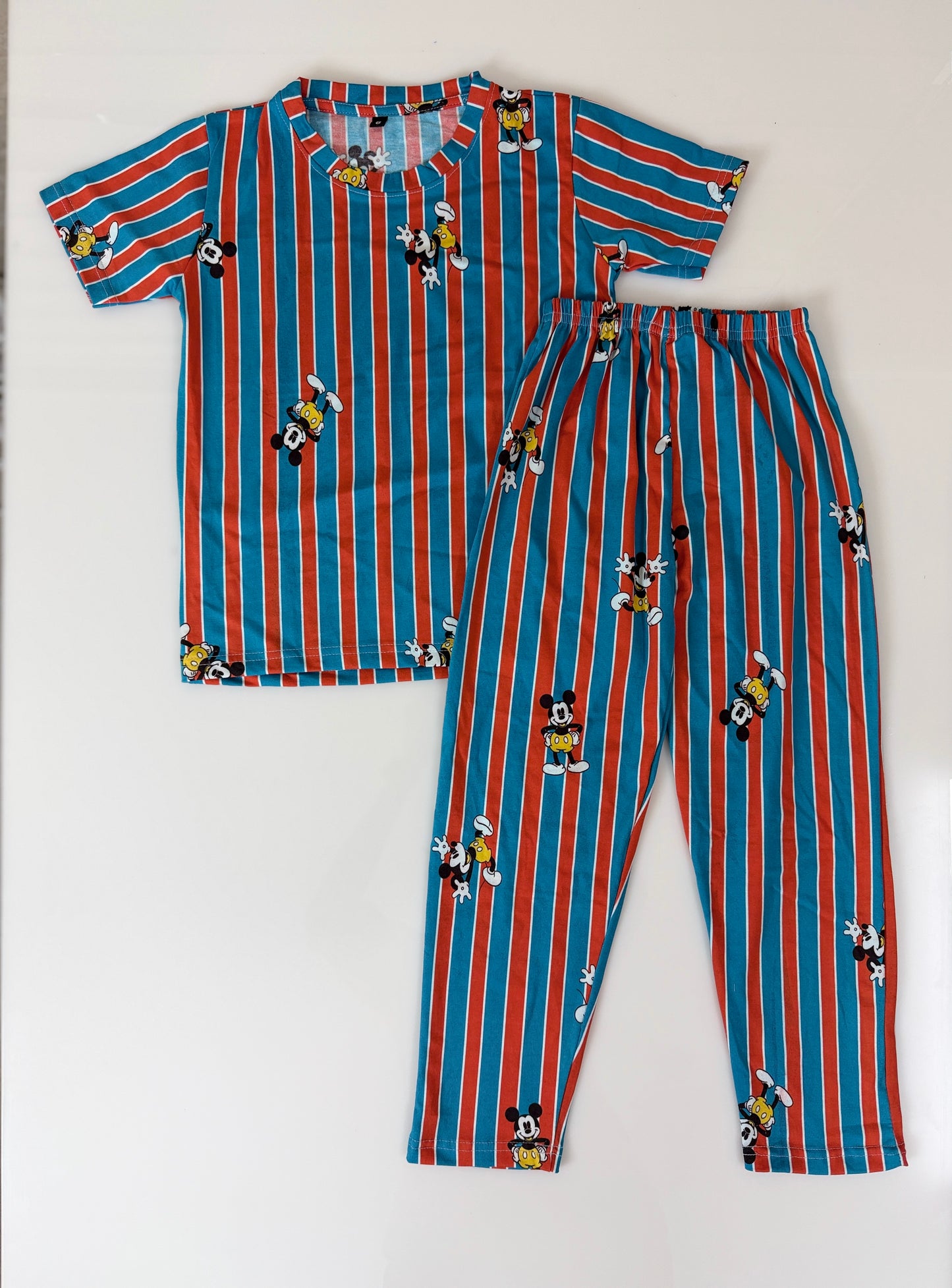 Blue & Red Mickey Stripe Print T-Shirt and Pant Co-ords
