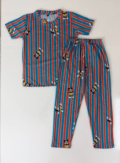 Blue & Red Mickey Stripe Print T-Shirt and Pant Co-ords