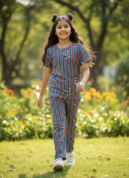 Blue & Red Mickey Stripe Print T-Shirt and Pant Co-ords