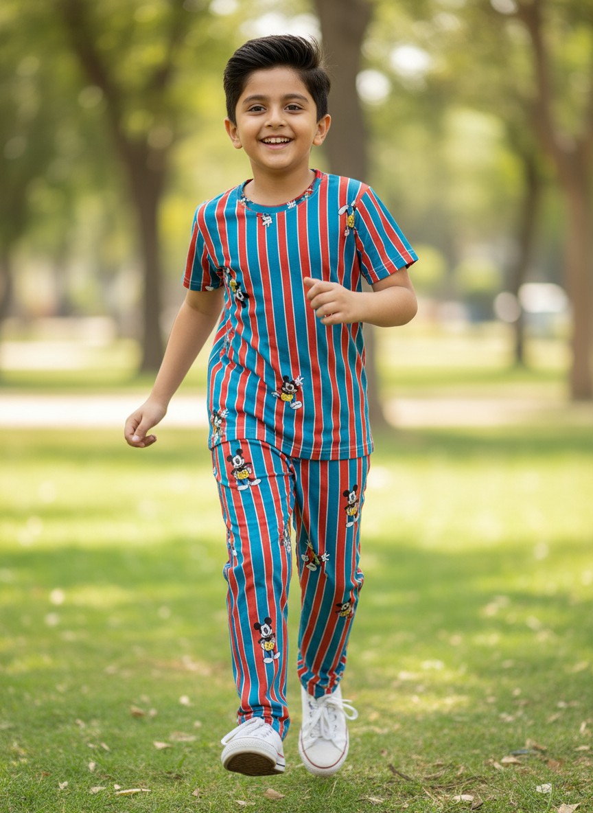 Blue & Red Mickey Stripe Print T-Shirt and Pant Co-ords