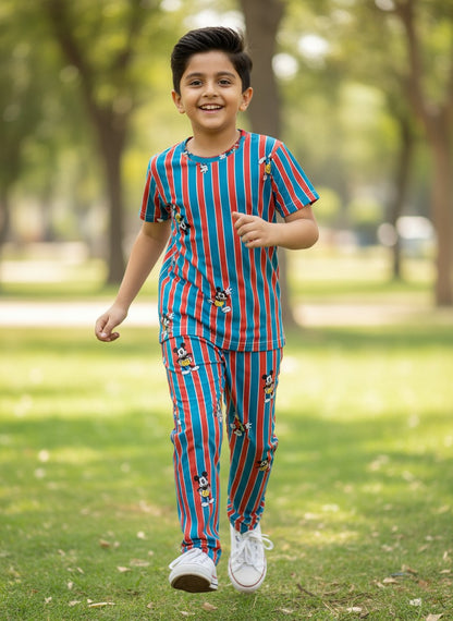 Blue & Red Mickey Stripe Print T-Shirt and Pant Co-ords