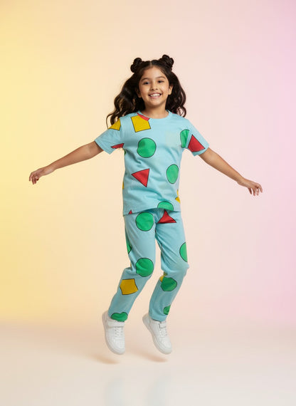 Mint Geometric Print T-Shirt and Pant Co-ords