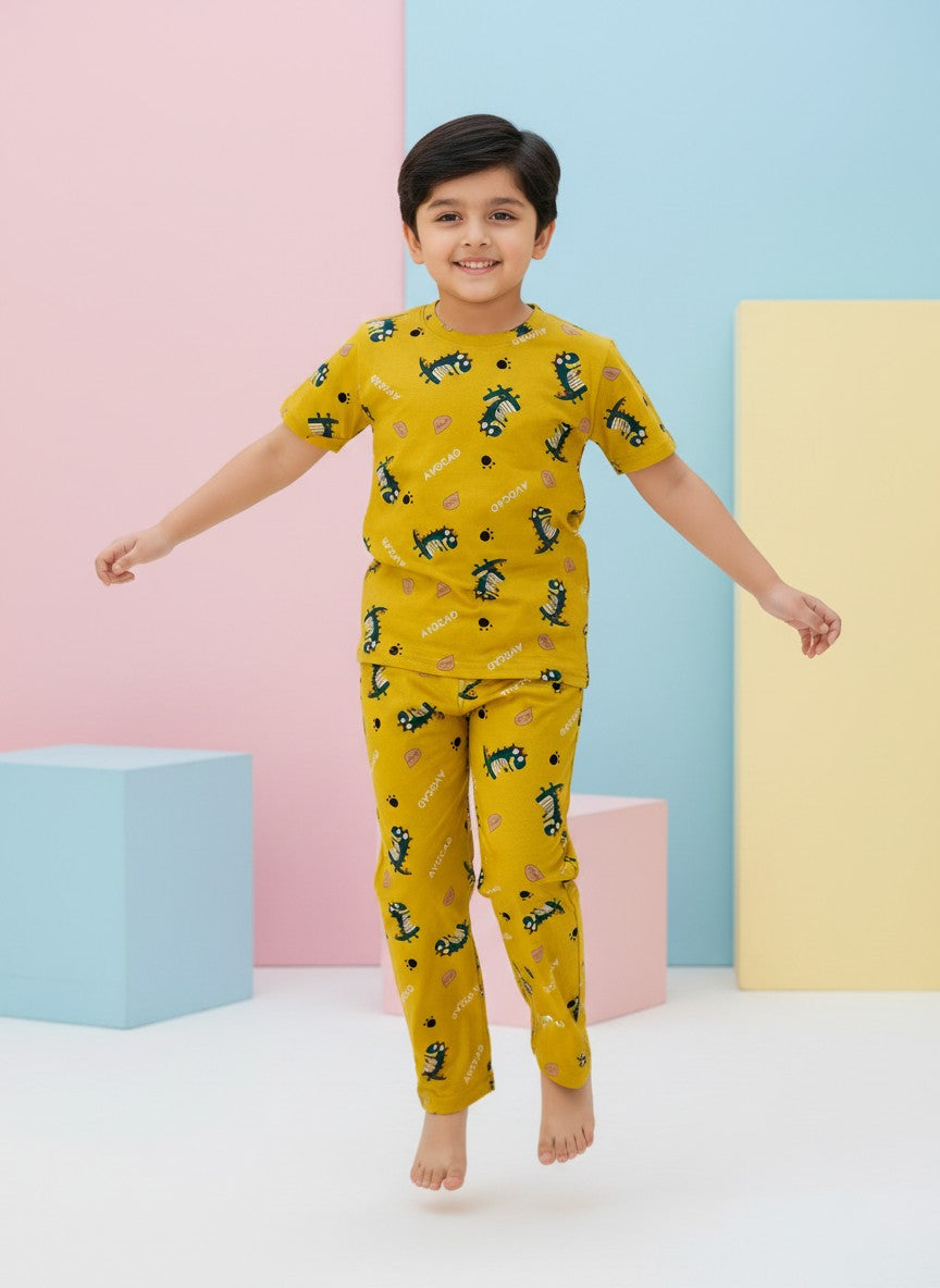 Yellow Dinosaur Print T-Shirt and Pant Co-ords