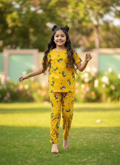 Yellow Dinosaur Print T-Shirt and Pant Co-ords