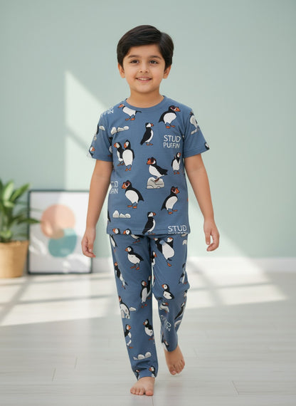 Blue Puffin Print T-Shirt and Pant Co-ords