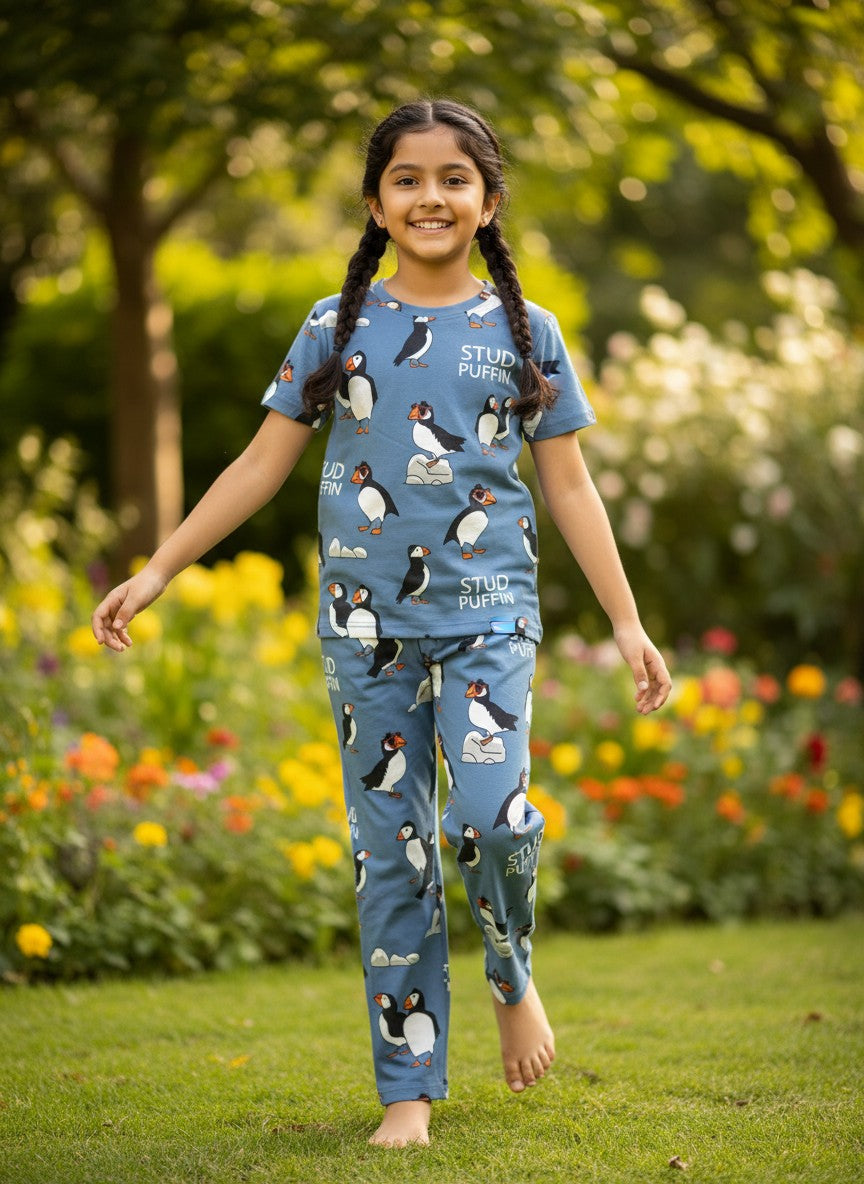 Blue Puffin Print T-Shirt and Pant Co-ords