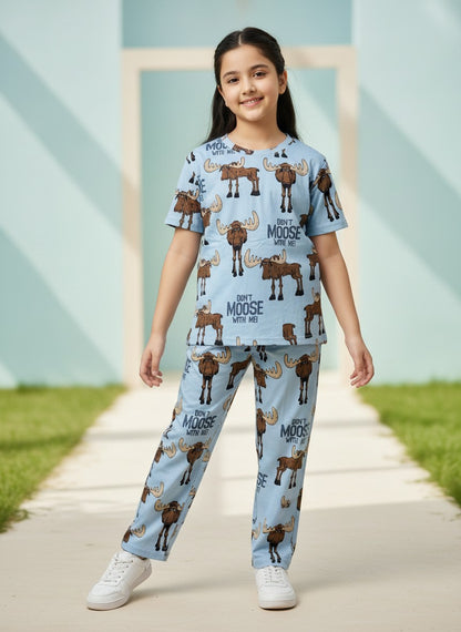 Sky Blue Moose Print T-Shirt and Pant Co-ords