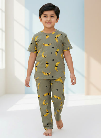 Olive Banana Print T-Shirt and Pant Co-ords