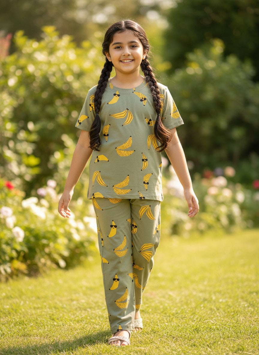 Olive Banana Print T-Shirt and Pant Co-ords