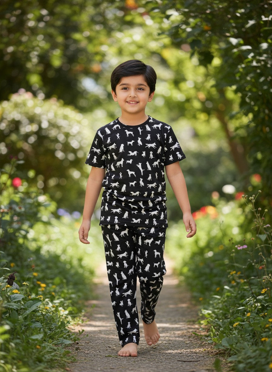Black Dog Silhouette Print T-Shirt and Pant Co-ords