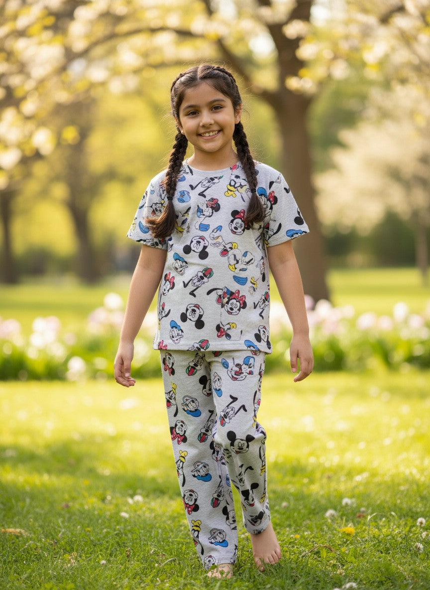 Grey Mickey & Friends Print T-Shirt and Pant Co-ords