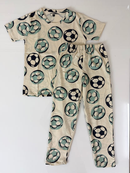Beige Football Print T-Shirt and Pant Co-ords