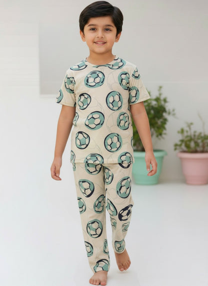 Beige Football Print T-Shirt and Pant Co-ords
