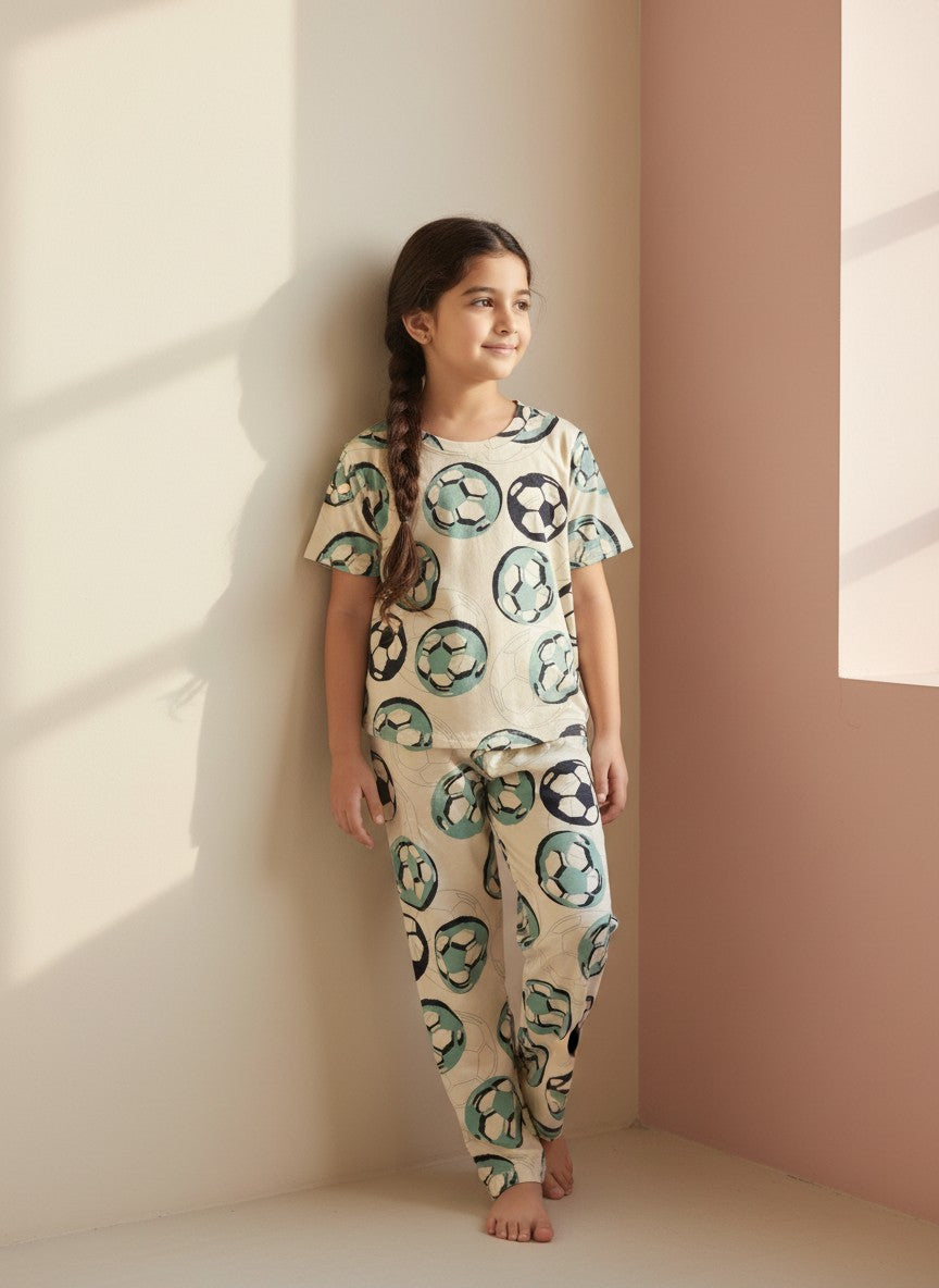 Beige Football Print T-Shirt and Pant Co-ords
