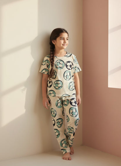Beige Football Print T-Shirt and Pant Co-ords