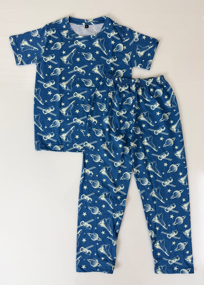 Blue Space Print T-Shirt and Pant Co-ords