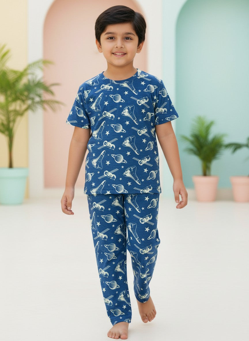 Blue Space Print T-Shirt and Pant Co-ords