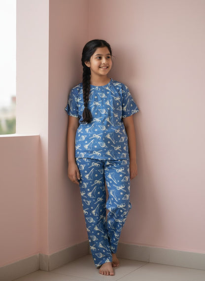 Blue Space Print T-Shirt and Pant Co-ords